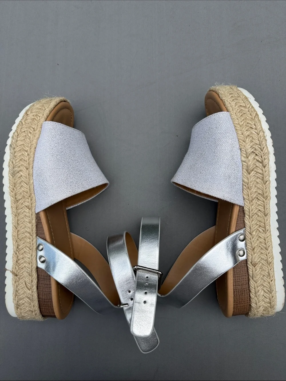 Soda Silver and Light Gray Espadrille Ankle-Strap Sandals